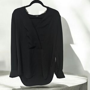 Theory Silk Black V-neck Wrap Fringe Blouse